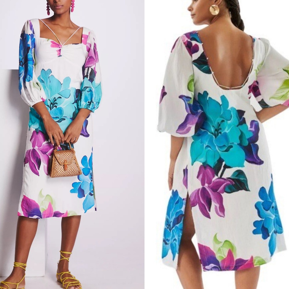 Maeve White Midi Dress with Blue Teal and Purple Floral Print
